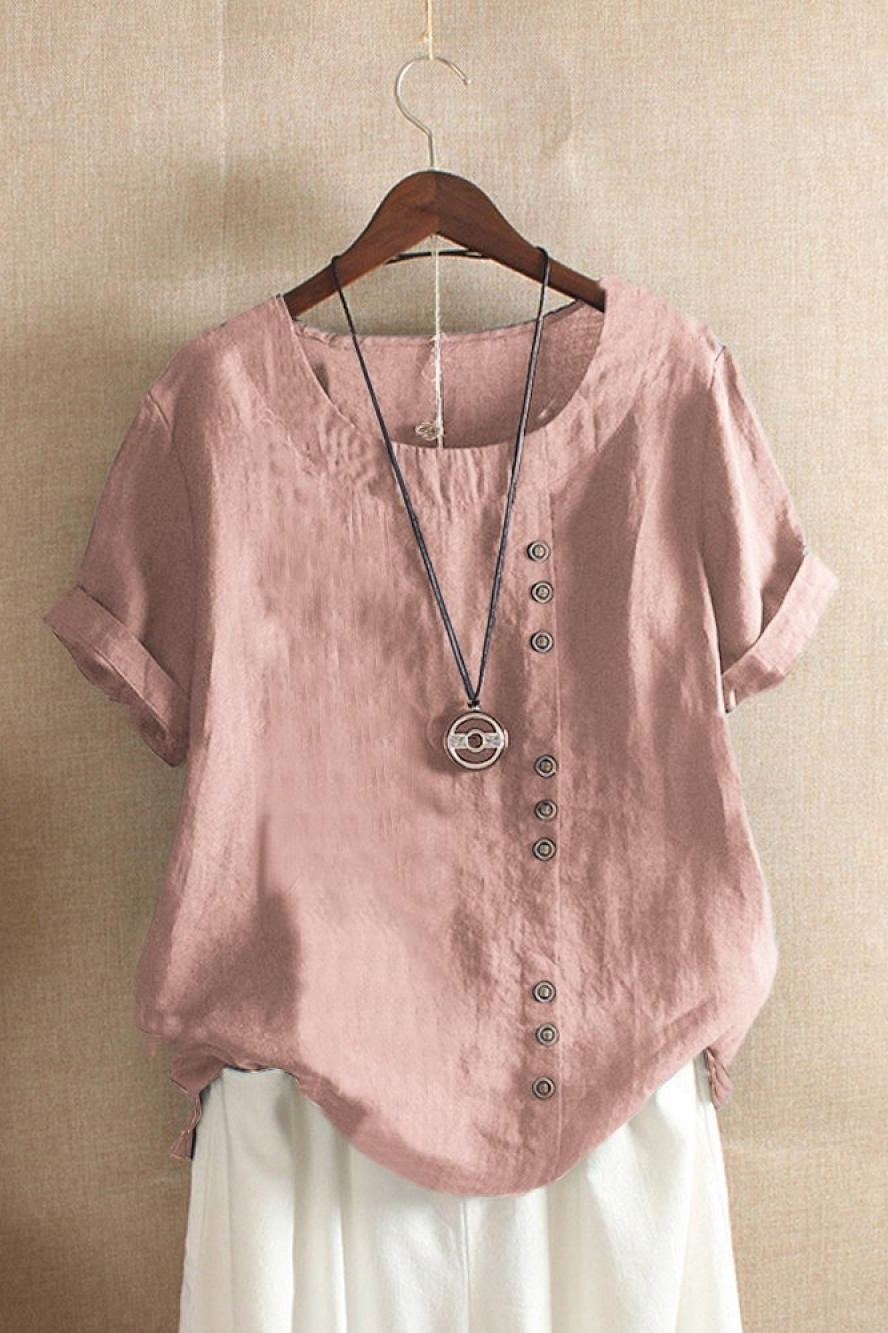 Asymmetric Button-Down Short Sleeve Blouse in Solid Color for Women