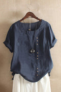 Asymmetric Button-Down Short Sleeve Blouse in Solid Color for Women