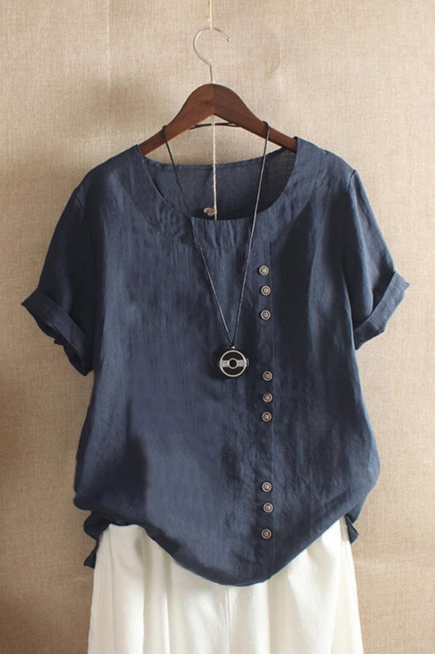 Asymmetric Button-Down Short Sleeve Blouse in Solid Color for Women