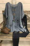 Vintage-Inspired Gray Blouse with Dandelion Prints and Round Neck