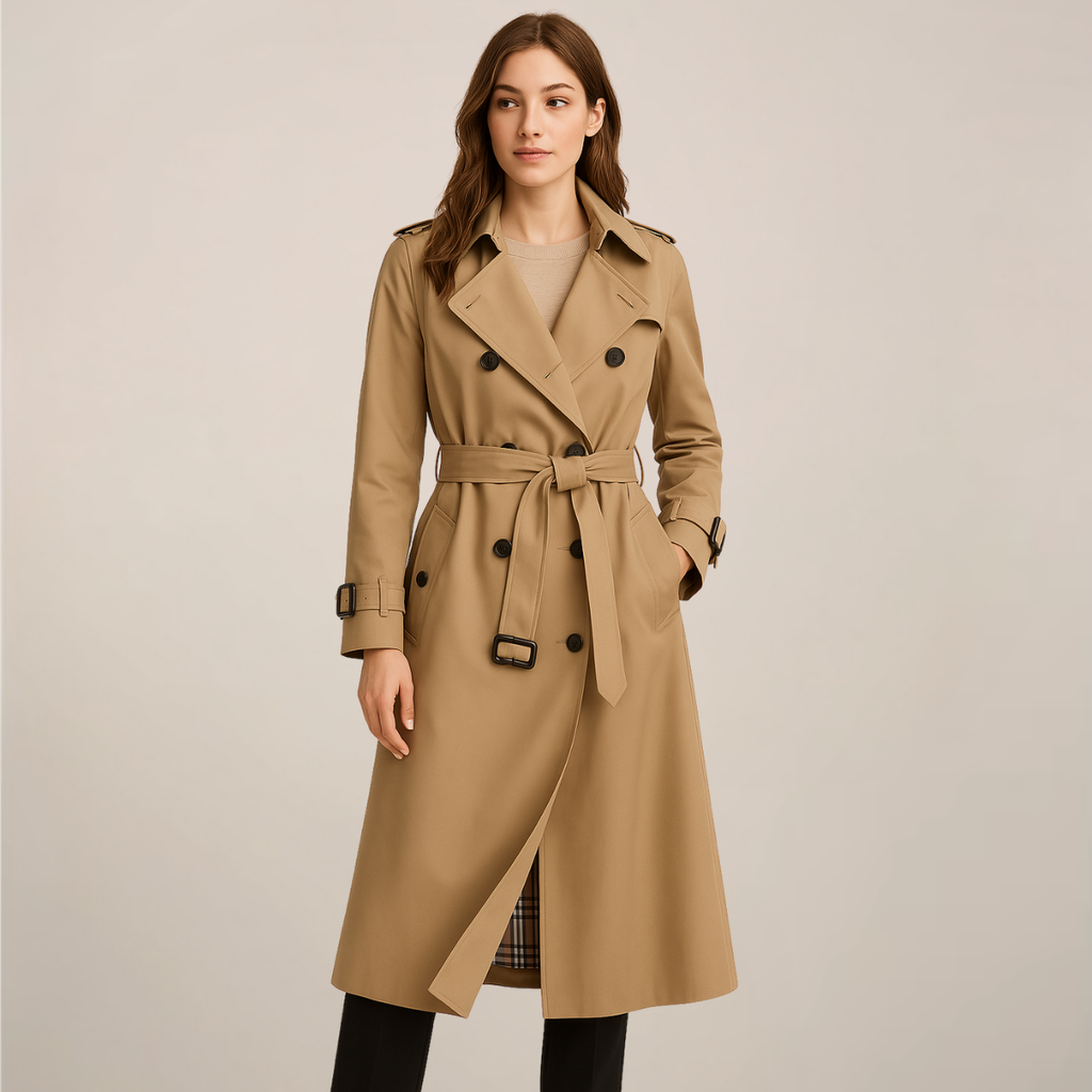 Classic Double-Breasted Belted Trench Coat for Women