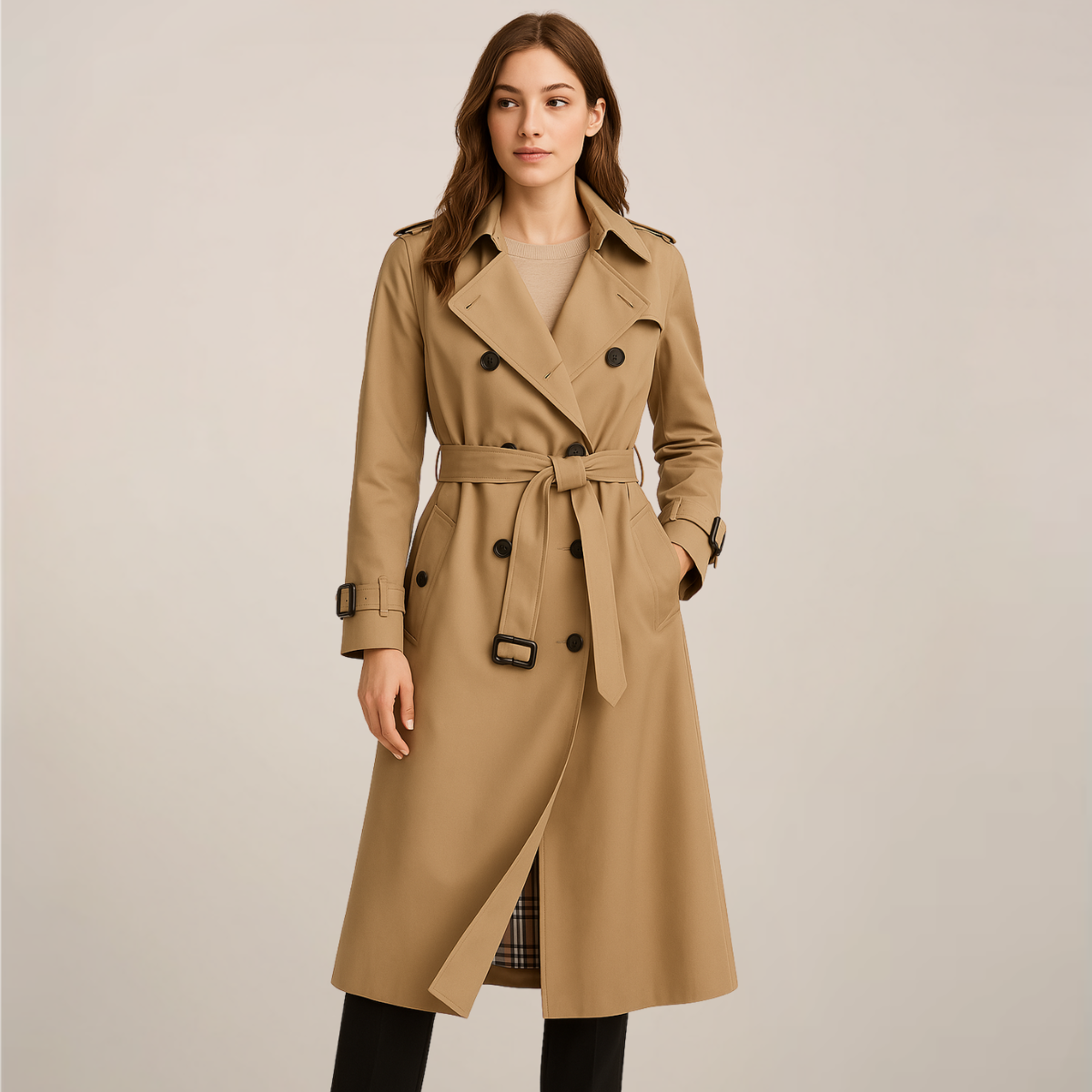 Classic Double-Breasted Belted Trench Coat for Women