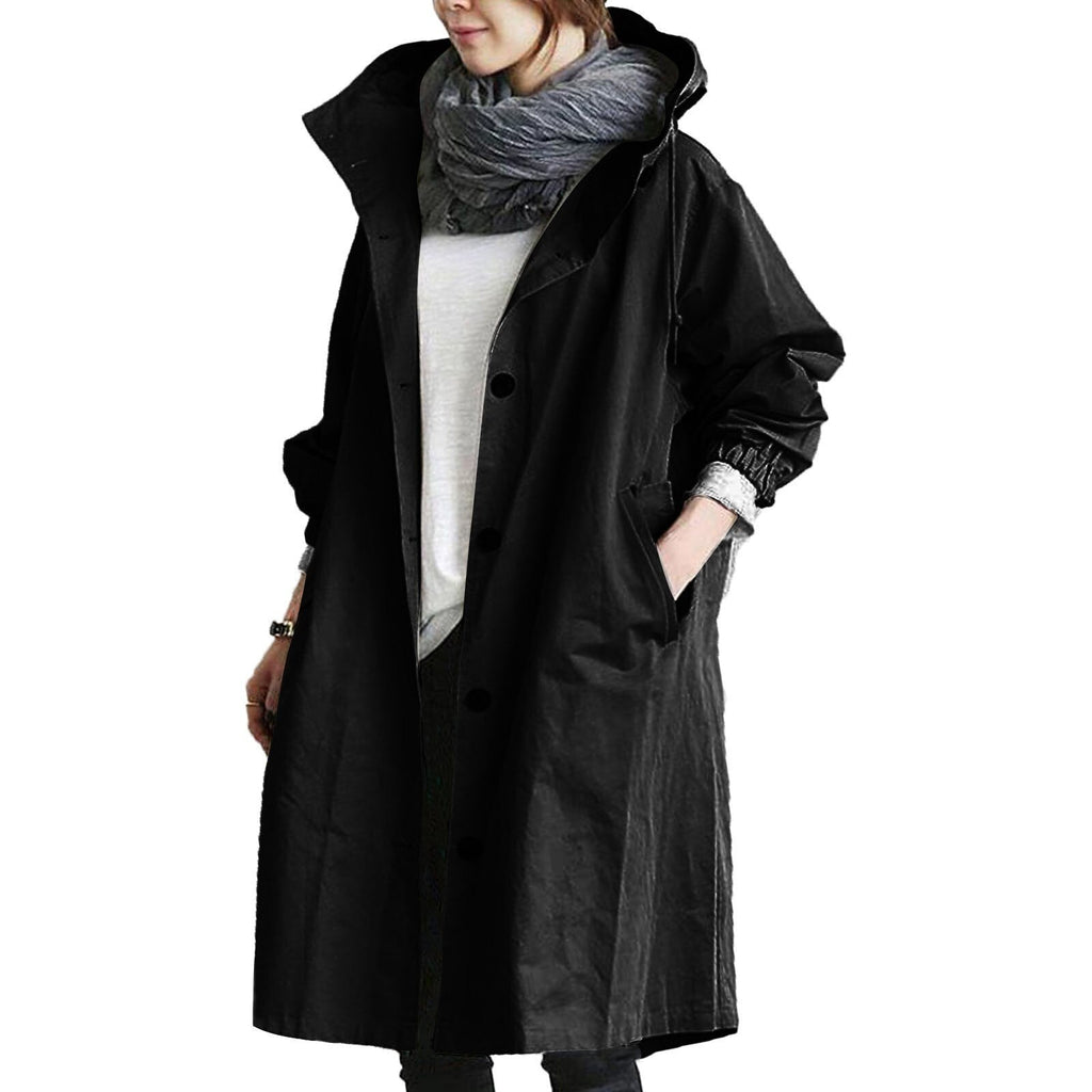 Hooded Long Waterproof Raincoat with Button Closure and Pockets