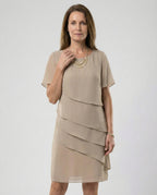 Chiffon Layered Women's Knee-Length Dress with Short Sleeves and Round Neckline