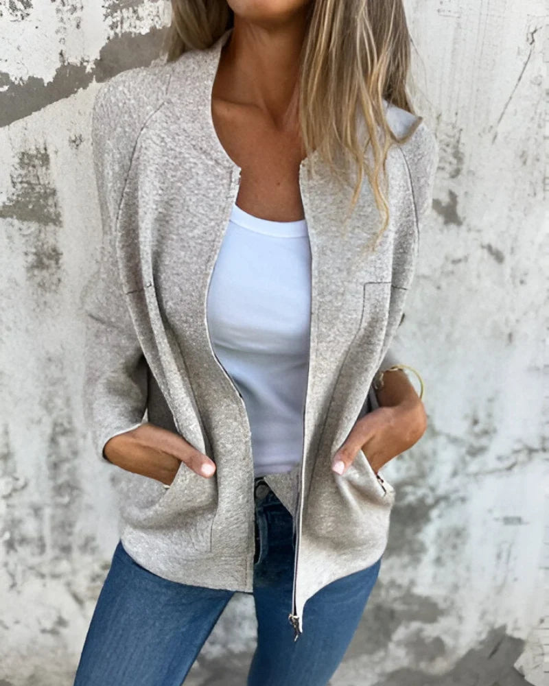 Lightweight Zip Front Bomber Jacket with Round Neckline and Dual Zip Pockets