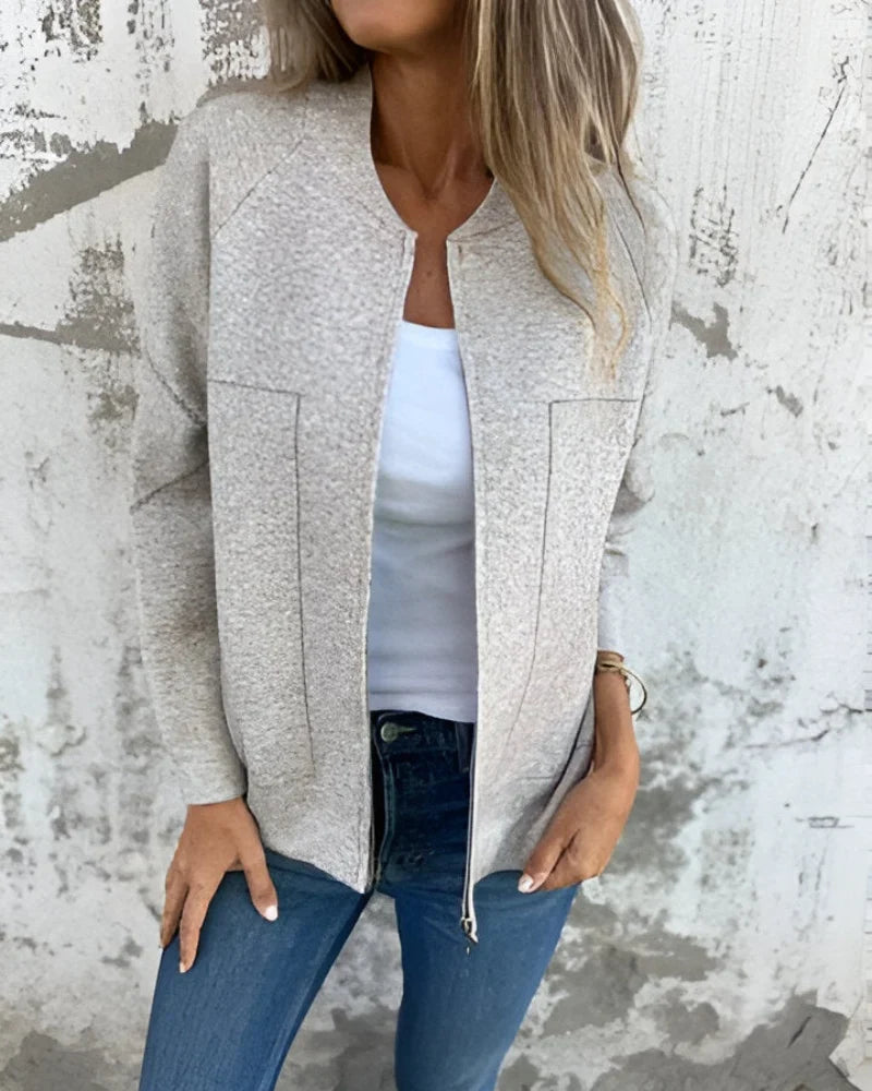 Lightweight Zip Front Bomber Jacket with Round Neckline and Dual Zip Pockets