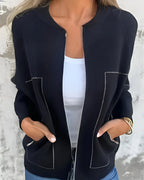 Lightweight Zip Front Bomber Jacket with Round Neckline and Dual Zip Pockets