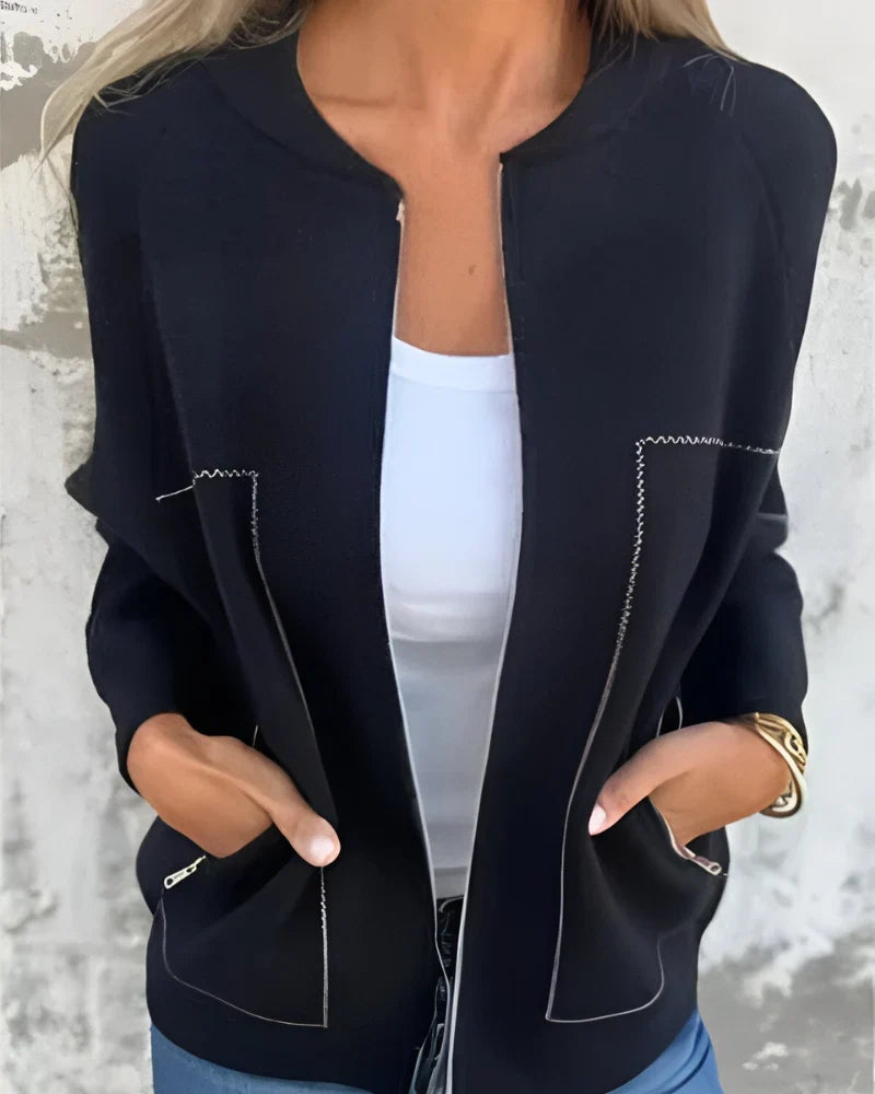 Lightweight Zip Front Bomber Jacket with Round Neckline and Dual Zip Pockets