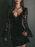 Mini Black Velvet Dress with Deep V-Neck and Long Lace Sleeves