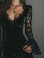 Mini Black Velvet Dress with Deep V-Neck and Long Lace Sleeves