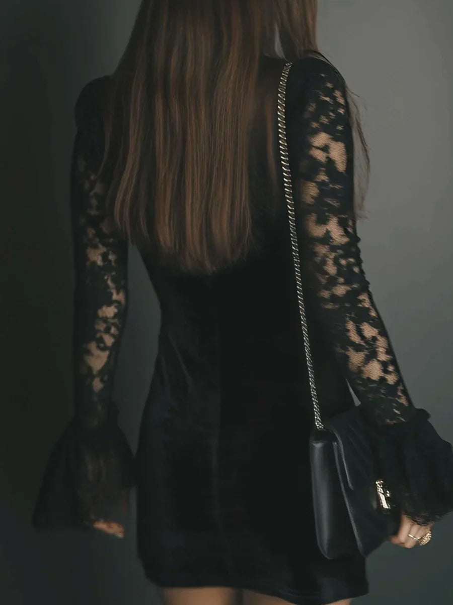 Mini Black Velvet Dress with Deep V-Neck and Long Lace Sleeves