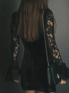 Mini Black Velvet Dress with Deep V-Neck and Long Lace Sleeves