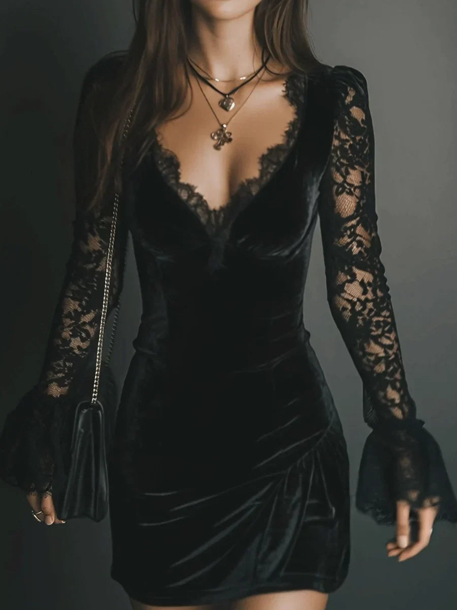 Mini Black Velvet Dress with Deep V-Neck and Long Lace Sleeves