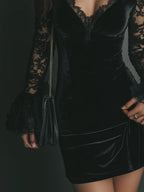 Mini Black Velvet Dress with Deep V-Neck and Long Lace Sleeves