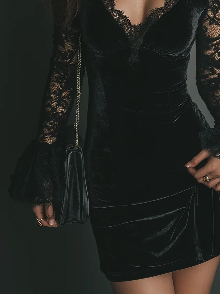 Mini Black Velvet Dress with Deep V-Neck and Long Lace Sleeves