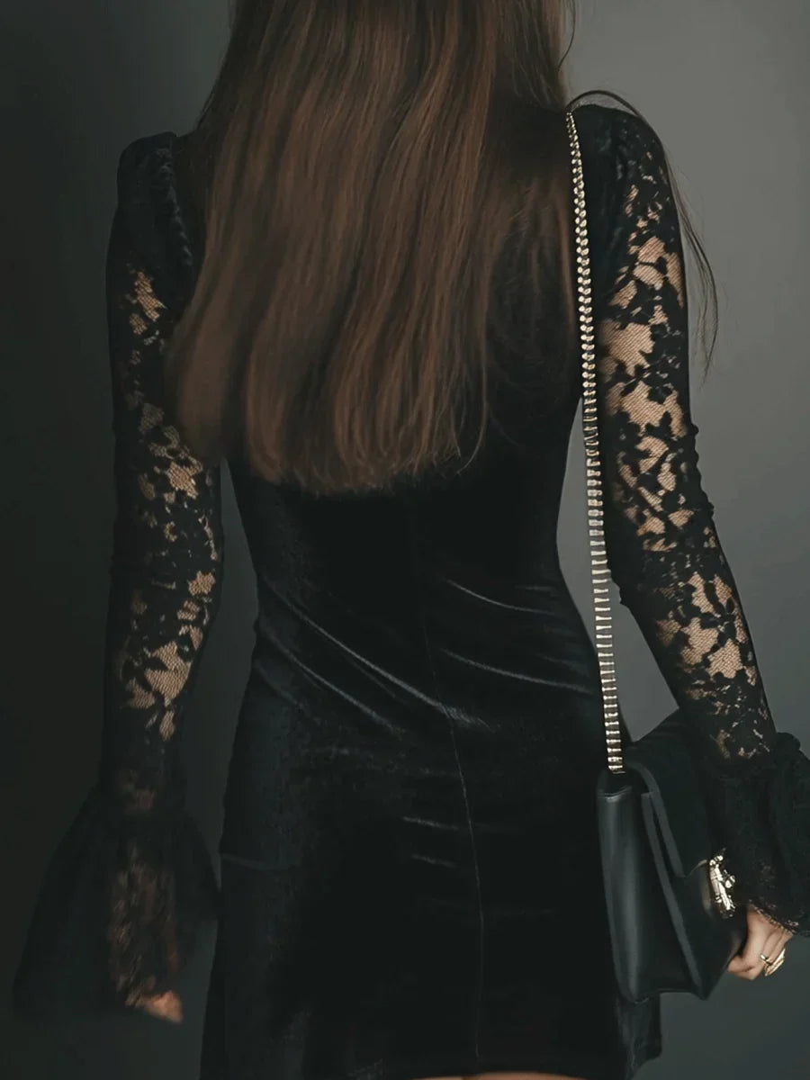 Mini Black Velvet Dress with Deep V-Neck and Long Lace Sleeves