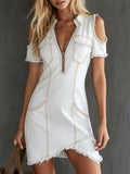 Cold Shoulder Zip Front Denim Mini Dress with Collared Neckline and Distressed Hem