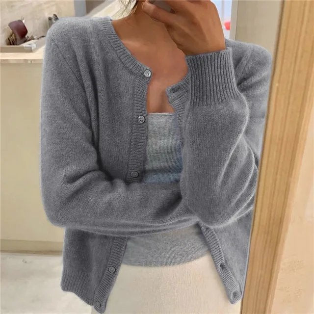 Women's Cropped Cardigan with Button Front and Scoop Neck